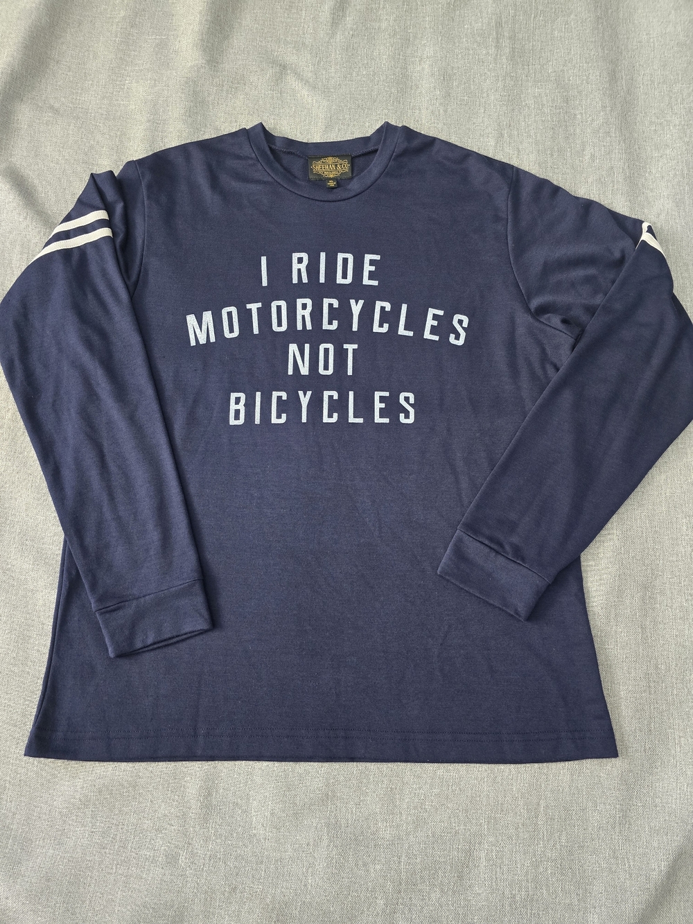 Sheehan & Co "I Ride Motorcycles Not Bicycles" Navy Crewneck Long Sleeve Tee XL